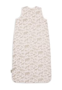 Sac de couchage en coton de couleur beige clair avec des illustrations d'animaux en marron. Sans manches, avec un col arrondi et des bords inférieurs courbés.