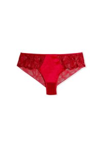 Czerwona bielizna z gładkim satynowym przodem i koronkowymi detalami po bokach. Posiada półprzezroczysty siateczkowy tył i kwiatowe akcenty.