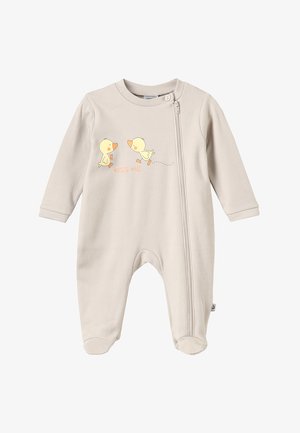 Fény bézs babahálózsák, puha anyagból készült. Elöl zipzárral, hosszú ujjakkal és két sárga kiskacsa nyomtatott mintájával rendelkezik, amelyen a "CSÓKOLJ MEG" felirat olvasható.