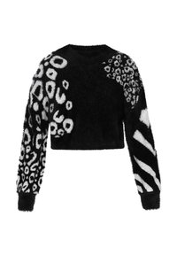 Schwarzer cropped Sweater mit gemischten Tiermustern: auf einem Arm fuzzy schwarz-weiße Leopardenflecken, auf dem anderen Zebrastrichmuster. Weicher Stoff.