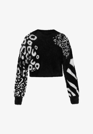 Pulover scurt negru cu imprimeuri mixte de animale: pete fuzzy negre și albe de leopard pe un braț, dungi de zebră pe celălalt. Textură moale.