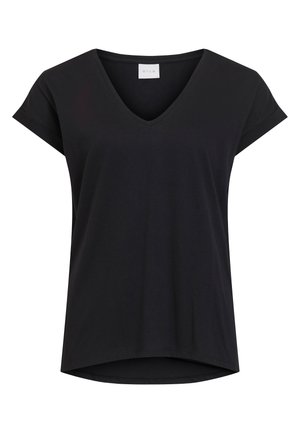 Black v-neck t-shirt with short sleeves, made of smooth fabric. Features a straight cut and a slightly longer back hem. Label: VILA.