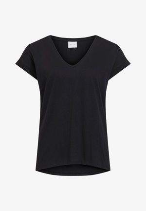 T-shirt nera a collo a V con maniche corte, realizzata in tessuto liscio. Presenta un taglio dritto e un orlo posteriore leggermente più lungo. Etichetta: VILA.