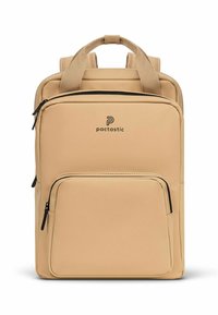 Zaino beige realizzato in materiale sintetico liscio, con una tasca frontale, doppi manici superiori e spallacci regolabili imbottiti.