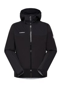 Chaqueta negra impermeable con un panel texturizado en el pecho, cierre de cremallera, capucha ajustable y detalle del logo en el lado izquierdo del frente.
