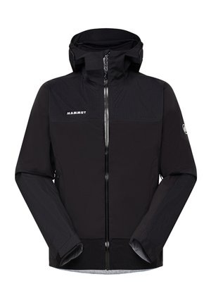 Black waterproof jacket with a textured chest panel, zip closure, adjustable hood, and logo detail on the front left side.