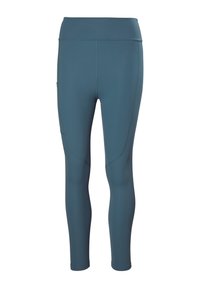 Tyrkysové aktivní legíny s vysokým pasem, hladkým materiálem, přiléhavým designem a bočními kapsami. Délka do půli lýtek s plochými švy.