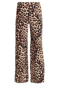 Leopardenmuster-weite Hose mit dehnbarem Bündchen, ausgestattet mit roten Seitenstreifen und einer seidigen Textur.