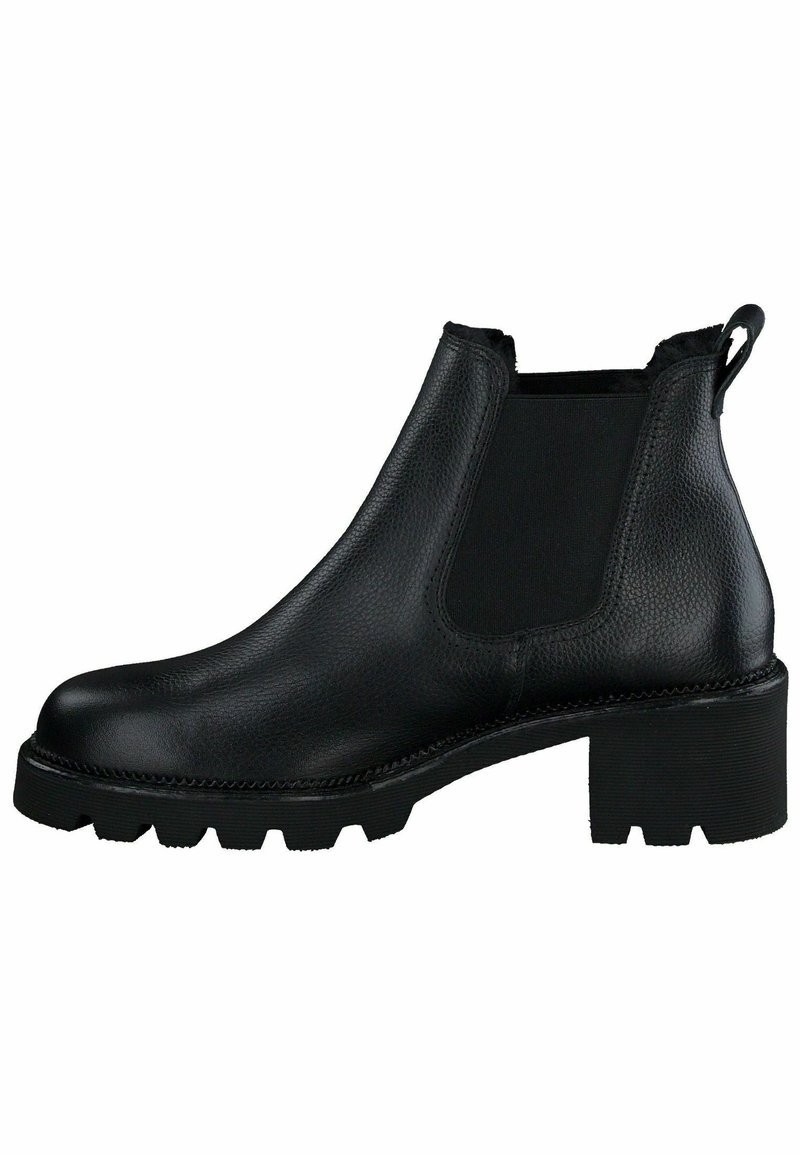 Bottine en cuir noir avec panneaux latéraux élastiques, finition texturée et talon en caoutchouc épais. Dispose d'une languette pour un enfilage facile.