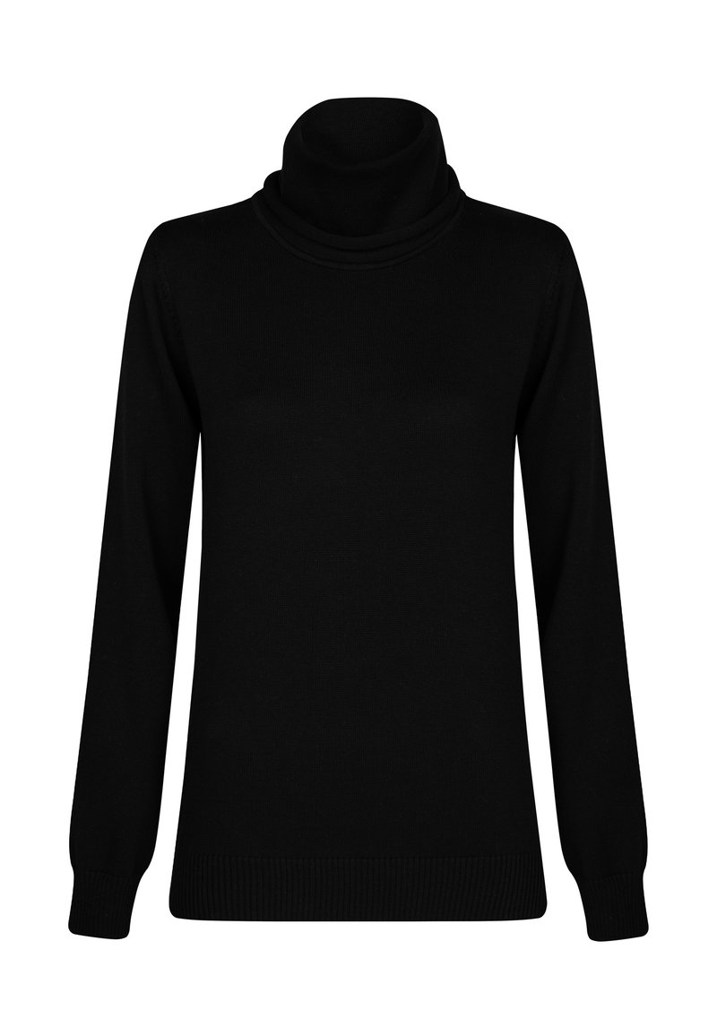 Schwarzer Rollkragenpullover aus glattem Strickstoff mit langen Ärmeln, umgeschlagenem Kragen und gerippten Bündchen sowie Saum.