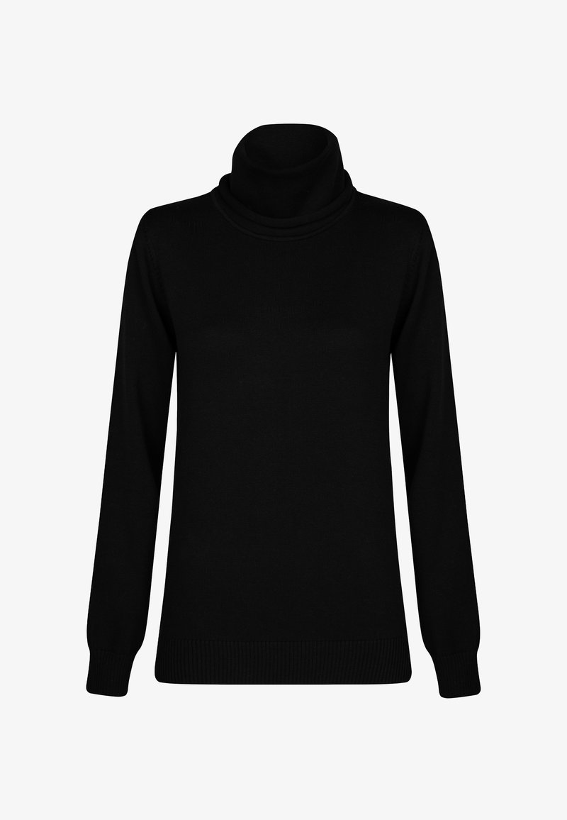 Pull à col roulé noir en tissu tricoté lisse, avec des manches longues, un col replié, et des poignets et un ourlet côtelés.