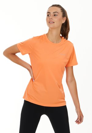 Short-sleeve athletic top in bright orange, made of lightweight, breathable fabric. Features a crew neckline and subtle logo detail.