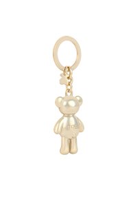 Gold-tone teddy bear keychain, made of glossy metal, features a round head, short limbs, and engraved "TOL" on the stomach.