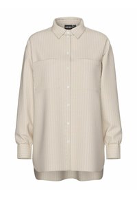 Camicia button-up color crema con righe verticali, maniche lunghe, due tasche sul petto e orlo arrotondato. Realizzata in un tessuto morbido e leggero.