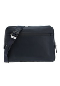 Borsa a messaggero nera realizzata in pelle liscia. Presenta una lunga tracolla regolabile, una tasca con zip sul davanti e un design minimalista.