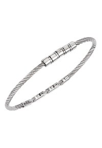Pulsera de plata con un diseño de cable retorcido, acentuada con elementos cilíndricos lisos y un mecanismo de cierre sin costuras. Acabado pulido.