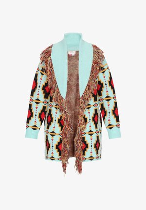 Dzianinowy kardigan z otwartym przodem, jasnoniebieską kołnierzykiem, kolorowym geometrycznym wzorem, frędzlami oraz długimi rękawami. Całość wykonana z teksturowanej tkaniny.