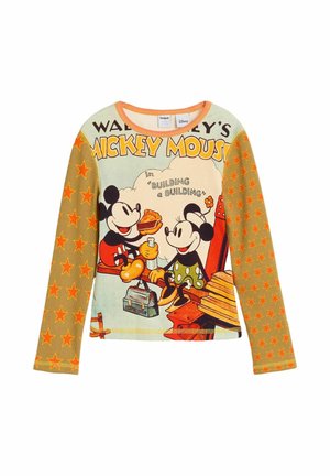 Overhemd met lange mouwen en oranje mouwen met sterpatroon met Mickey en Minnie Mouse die lunchen op een bouwbalk.