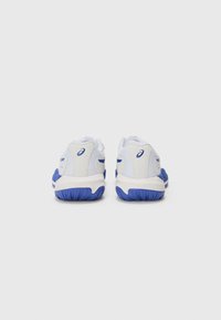 White athletic shoes with blue accents, featuring a textured mesh upper and rubber sole, designed for comfort and support.