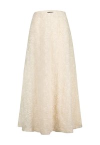 Jupe longue en ligne A, faite d'un tissu texturé crème avec un motif floral. La ceinture est lisse sans fermetures visibles.