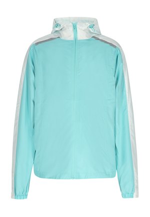 Chaleco azul claro con capucha blanca y paneles laterales en contraste. Presenta un cierre frontal, puños elásticos y una textura suave y ligera.