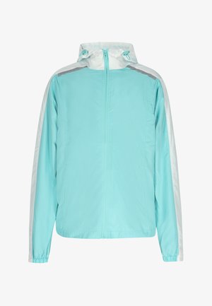 Svetlo modrá bunda s bielou kapucňou a kontrastnými bočnými panelmi. Obsahuje predný zips, elastické manžety a hladkú, ľahkú textúru.