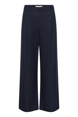 Παντελόνια σε ευρύ κόψιμο σε ναυτικό μπλε χρώμα, κατασκευασμένα από λείο ύφασμα. Διαθέτουν ψηλή μέση, πιέτες μπροστά και πλαϊνές τσέπες. Ραμμένη σχεδίαση με καθαρές γραμμές.