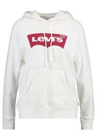 Sudadera blanca hecha de tejido suave, con un gran logotipo burdeos de Levi's en el frente, bolsillo canguro y capucha con cordón.