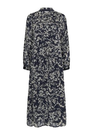 Robe midi bleu marine avec manches longues transparentes, col montant, patte de boutonnage devant, taille à cordon de serrage et motif floral blanc sur toute la surface.