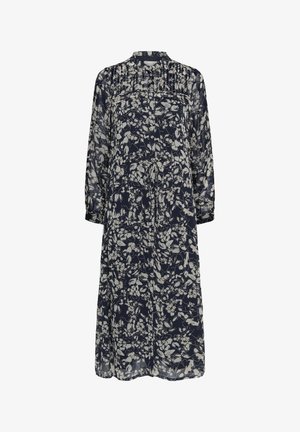 Marineblaues Midikleid mit langen, transparenten Ärmeln, hohlem Ausschnitt, Knopfleiste vorne, Tunnelzug in der Taille und durchgehendem weißem Blumenmuster.