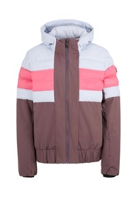 Padded jacket featuring a light blue upper section, pink horizontal stripes, and a brown lower section. Includes a hood and front zipper.