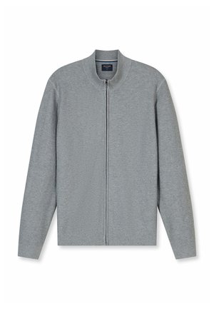 Hellgraue, langärmelige Strickjacke mit durchgehendem Frontreißverschluss und hohem Kragen, entworfen für legere und halb-formelle Anlässe.