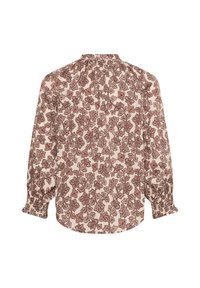 Blouse beige à manches longues avec motif floral rose et marron, encolure froncée et poignets à volants sur fond blanc.