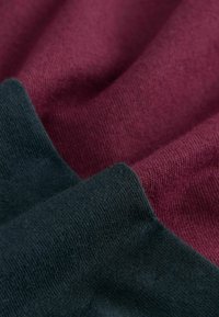 Campione di tessuto lavorato a maglia, borgogna e verde scuro, con una superficie liscia e una fine costina. I bordi si uniscono senza soluzione di continuità, mettendo in risalto il contrasto dei colori.