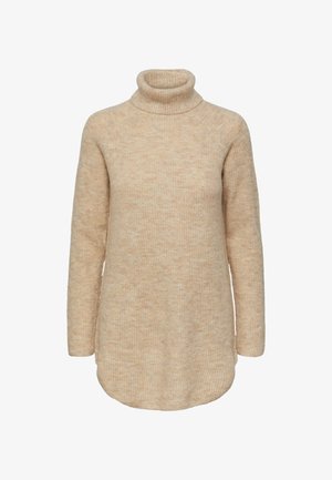 Bežs turtlenecks džemperis ar teksturētu adījumu, garām piedurknēm un nedaudz viļņainu apakšmalu. Mīksts materiāls ar brīvu piegriezumu un ribinātu apkakli.