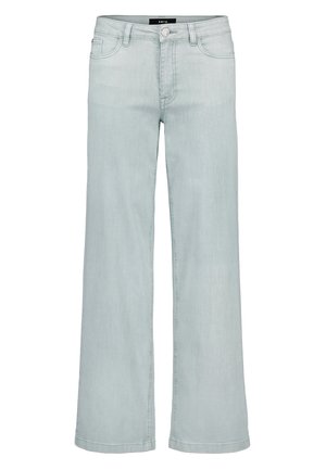 Jean large de couleur bleu clair avec fermeture à boutons et fermeture éclair à l'avant, passants pour ceinture et poches avant.