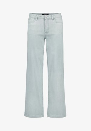 Svetlomodré široké džínsy s predným zapínaním na gombík a zips, pútkami na opasok a prednými vreckami.