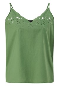 Haut vert sans manches avec fines bretelles et broderie florale ajourée le long de l'encolure dégagée.