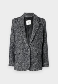 Blazer à motif chevrons gris en tissu texturé, avec une fermeture à un bouton et deux poches avant. Doublure intérieure en noir.