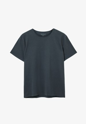 Dark gray short-sleeve t-shirt made of cotton, featuring a round crew neck and a straight-cut hemline. Subtle texture without patterns.