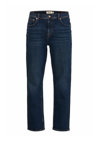 Jeans de mezclilla azul oscuro con un diseño de pierna recta, cinco bolsillos y herrajes en tono cobre. Costuras visibles y acentos deslavados en la tela.