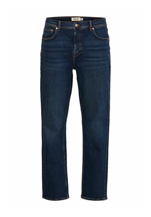 Dunkelblaue Jeans aus Denim mit geradem Schnitt, fünf Taschen und Kupferbeschlägen. Sichtbare Nähte und ausgebleichte Akzente auf dem Stoff.