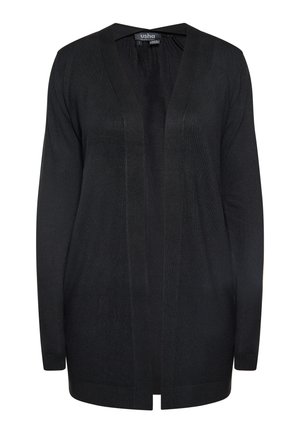Cardigan lung negru, realizat din material tricotat. Prezintă un decolteu în V, deschidere frontală și manșete și tiv cu aspect striat. O siluetă elegantă și relaxată.