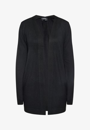 Černý dlouhý svetr vyrobený z pleteného materiálu. Má V-výstřih, otevřený přední díl a žebrované manžety a lem. Elegantní, uvolněný silueta.