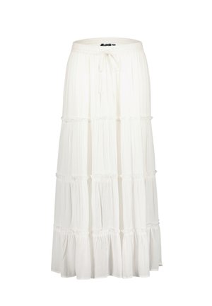 Weißer Maxirock mit einem gestuften Design, aus leichtem Stoff gefertigt. Verfügt über einen elastischen Bund und geraffte Details für Textur.