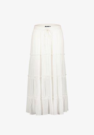 Hvid maxi nederdel med et lagdelt design, lavet af letvægtsstof. Har en elastisk talje og rynkedesign for tekstur.