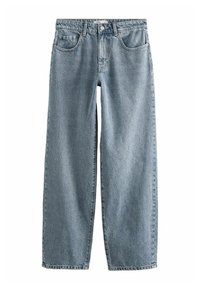 Jeans de mezclilla azul claro con un corte relajado, forma de pierna recta, diseño de cinco bolsillos y detalles de costura visibles.