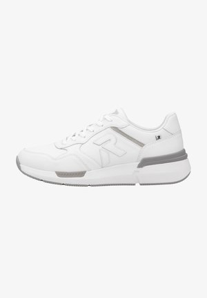 White athletic sneaker with grey accents, leather and mesh materials, lace-up closure, padded collar, and textured rubber sole.