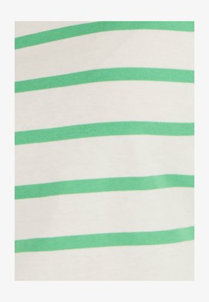 Tela blanca con franjas verdes horizontales espaciadas uniformemente, mostrando un primer plano de la textura del material.