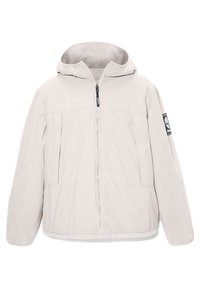 Hellgraue Kapuzenjacke mit glatter Außenfläche, Frontreißverschluss, zwei Seitentaschen und Fleece-Futter. Mit einem Logo-Patch am Ärmel.